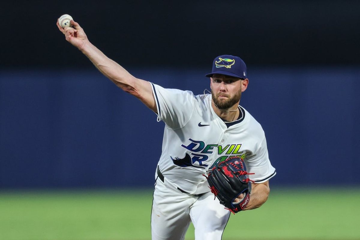 Sep 20, 2025; Tampa, Florida, USA; Tampa Bay Rays starting pitcher Adrian Houser (37) throws a pitch against the Boston Red Sox in the second inning at George M. Steinbrenner Field. Mandatory Credit: Nathan Ray Seebeck-Imagn Images