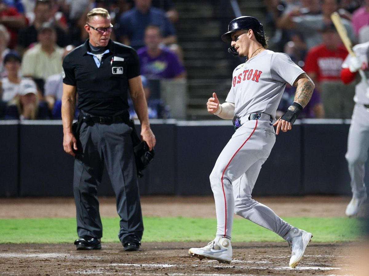 Sep 20, 2025; Tampa, Florida, USA; Boston Red Sox left fielder Jarren Duran (16) scores a run against the Boston Red Sox in the third inning at George M. Steinbrenner Field. Mandatory Credit: Nathan Ray Seebeck-Imagn Images