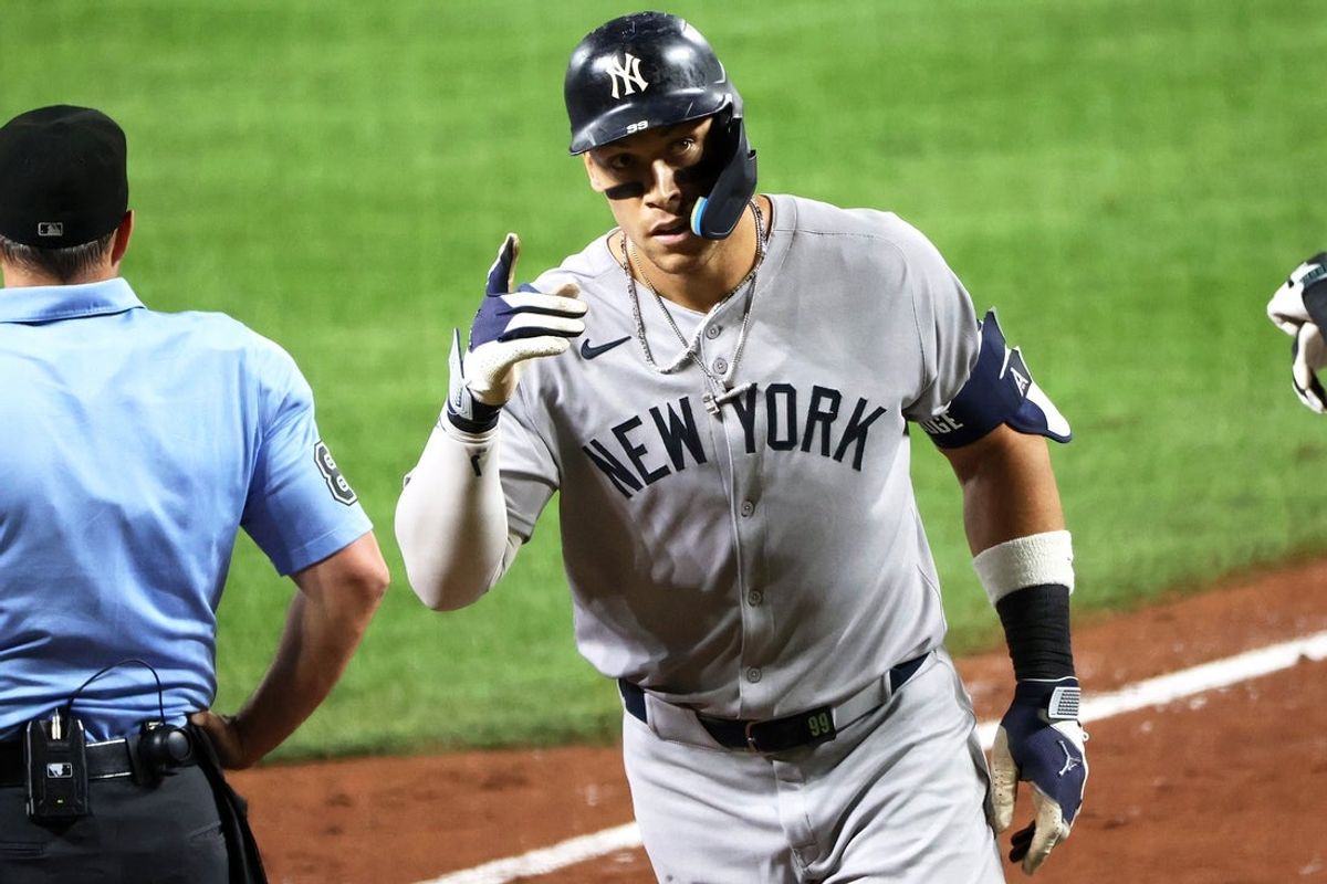 Sep 20, 2025; Baltimore, Maryland, USA; New York Yankees outfielder Aaron Judge (99) celebrates after hitting a home run during the third inning against the Baltimore Orioles at Oriole Park at Camden Yards. Mandatory Credit: Daniel Kucin Jr.-Imagn Images