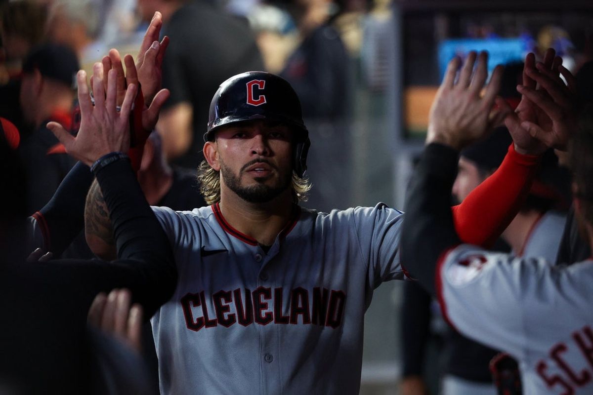 Sep 20, 2025; Minneapolis, Minnesota, USA; Cleveland Guardians shortstop Gabriel Arias (13) celebrates after scoring against the Minnesota Twins during the fifth inning of game two of a double header at Target Field. Mandatory Credit: Matt Krohn-Imagn Images