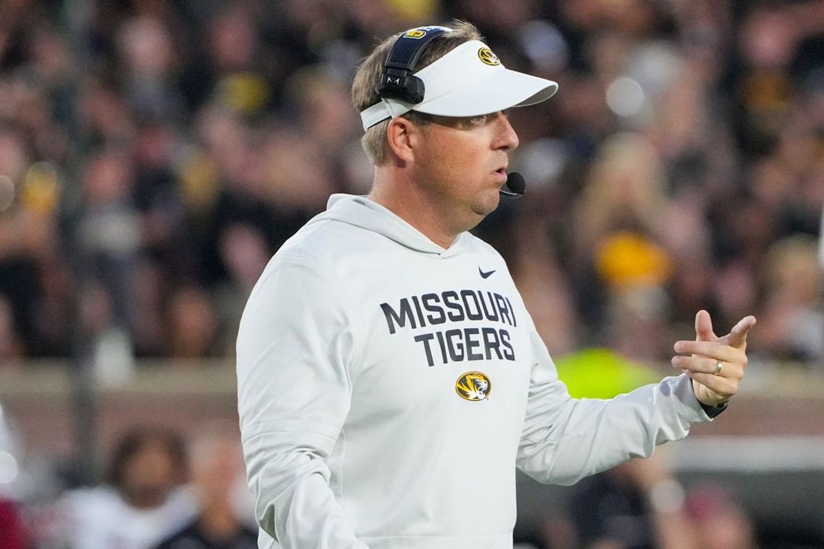 Sep 20, 2025; Columbia, Missouri, USA; Missouri Tigers head coach Eli Drinkwitz gestures on field against the South Carolina Gamecocks during the first half of the game at Faurot Field at Memorial Stadium. Mandatory Credit: Denny Medley-Imagn Images