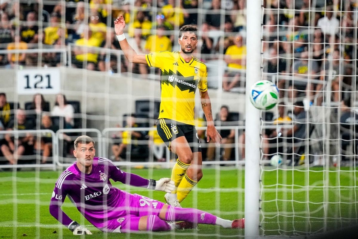 Columbus Crew forward Wessam Abou Ali (9) shoots and scores a goal against Toronto FC in the first half at Lower.com Field on Saturday, Sept. 20, 2025 in Columbus, Ohio.