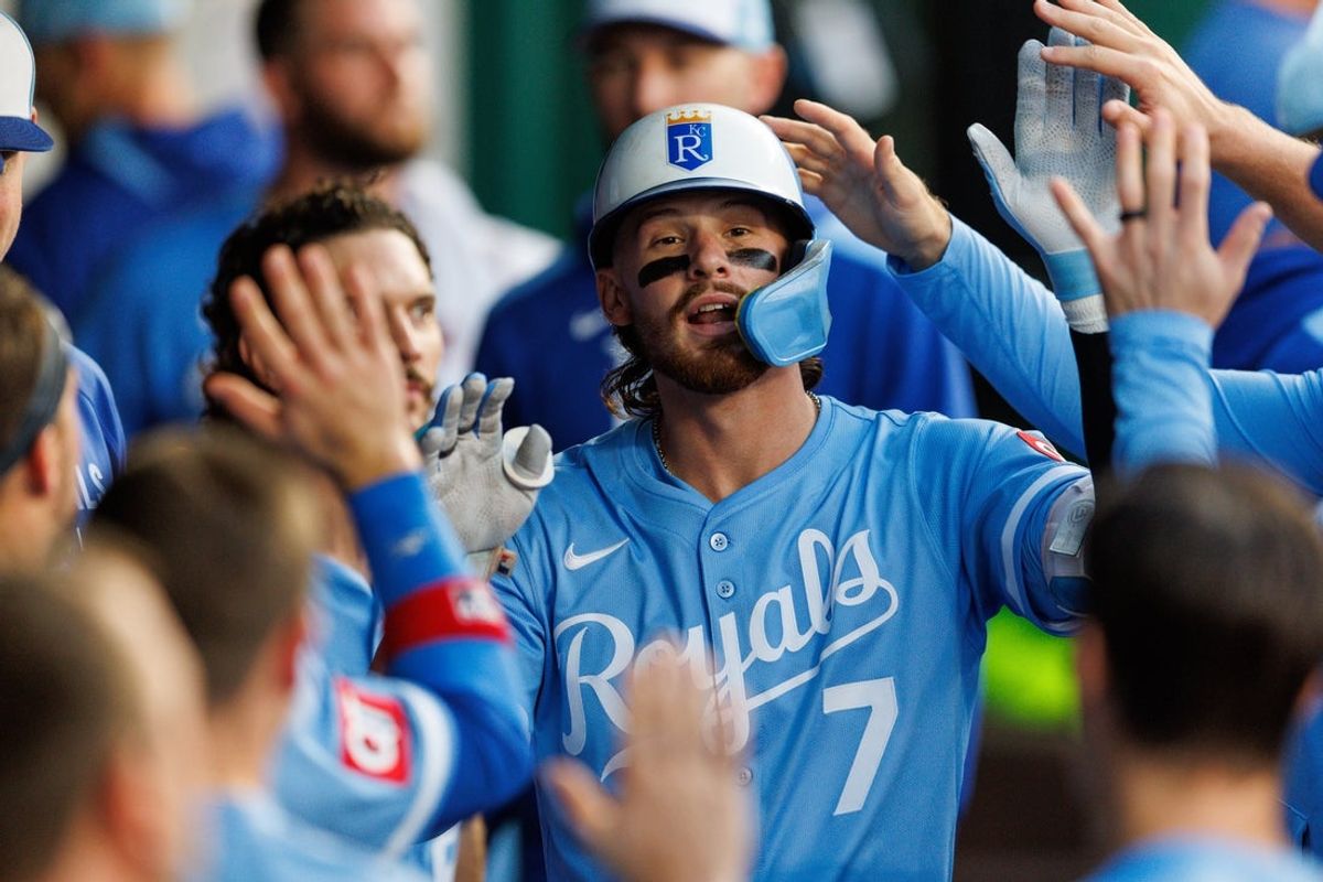Sep 20, 2025; Kansas City, Missouri, USA; Kansas City Royals shortstop Bobby Witt Jr. (7) celebrates after a home run during the fourth inning against the Toronto Blue Jays at Kauffman Stadium. Mandatory Credit: William Purnell-Imagn Images