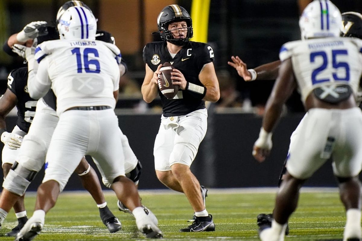 Vanderbilt quarterback Diego Pavia (2) looks for a receiver against Georgia State during the second quarter at FirstBank Stadium in Nashville, Tenn., Saturday, Sept. 20, 2025.