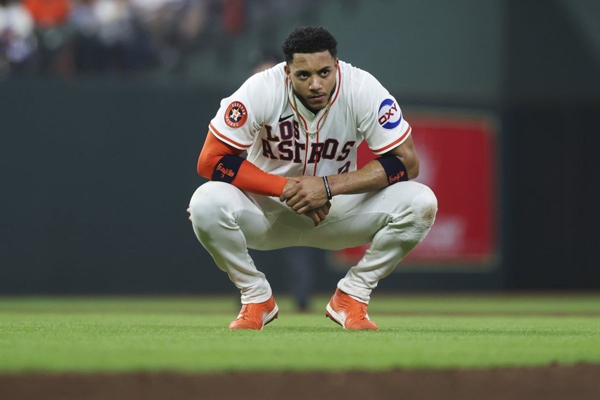 Sep 20, 2025; Houston, Texas, USA; Houston Astros shortstop Jeremy Pena (3) reacts after a play during the sixth inning against the Seattle Mariners at Daikin Park. Mandatory Credit: Troy Taormina-Imagn Images