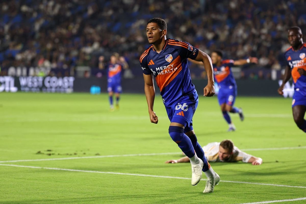 Sep 20, 2025; Carson, California, USA;  FC Cincinnati forward Ender Echenique (66) reacts after scoring a goal during the first half against the LA Galaxy at Dignity Health Sports Park. Mandatory Credit: Kiyoshi Mio-Imagn Images
