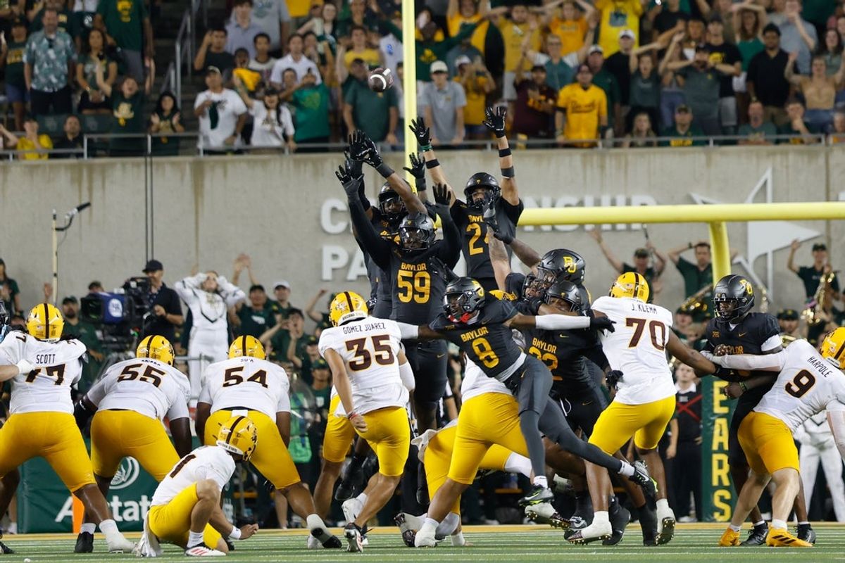 Sep 20, 2025; Waco, Texas, USA; Arizona State Sun Devils place kicker Jesus Gomez (35) kicks a field goal at the end of the fourth quarter to defeat the Baylor Bears 27-24 at McLane Stadium. Mandatory Credit: Chris Jones-Imagn Images