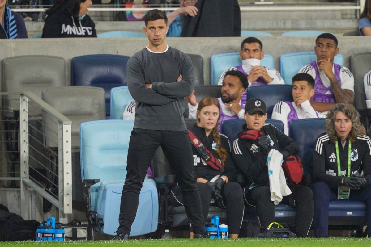 Sep 20, 2025; Saint Paul, Minnesota, USA; Minnesota United manager Eric Ramsay watches play against the Chicago Fire in the first half at Allianz Field. Mandatory Credit: Matt Blewett-Imagn Images