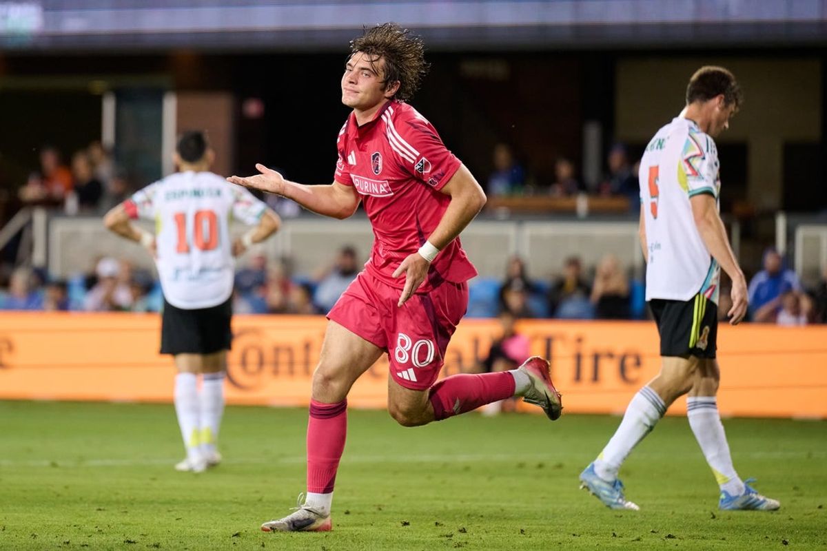 Sep 20, 2025; San Jose, California, USA; St. Louis CITY SC forward Brendan McSorley (80) reacts after scoring his second goal of the match against San Jose Earthquakes goalkeeper Daniel (42) (not pictured) during the first half at PayPal Park. Mandatory Credit: Robert Edwards-Imagn Images