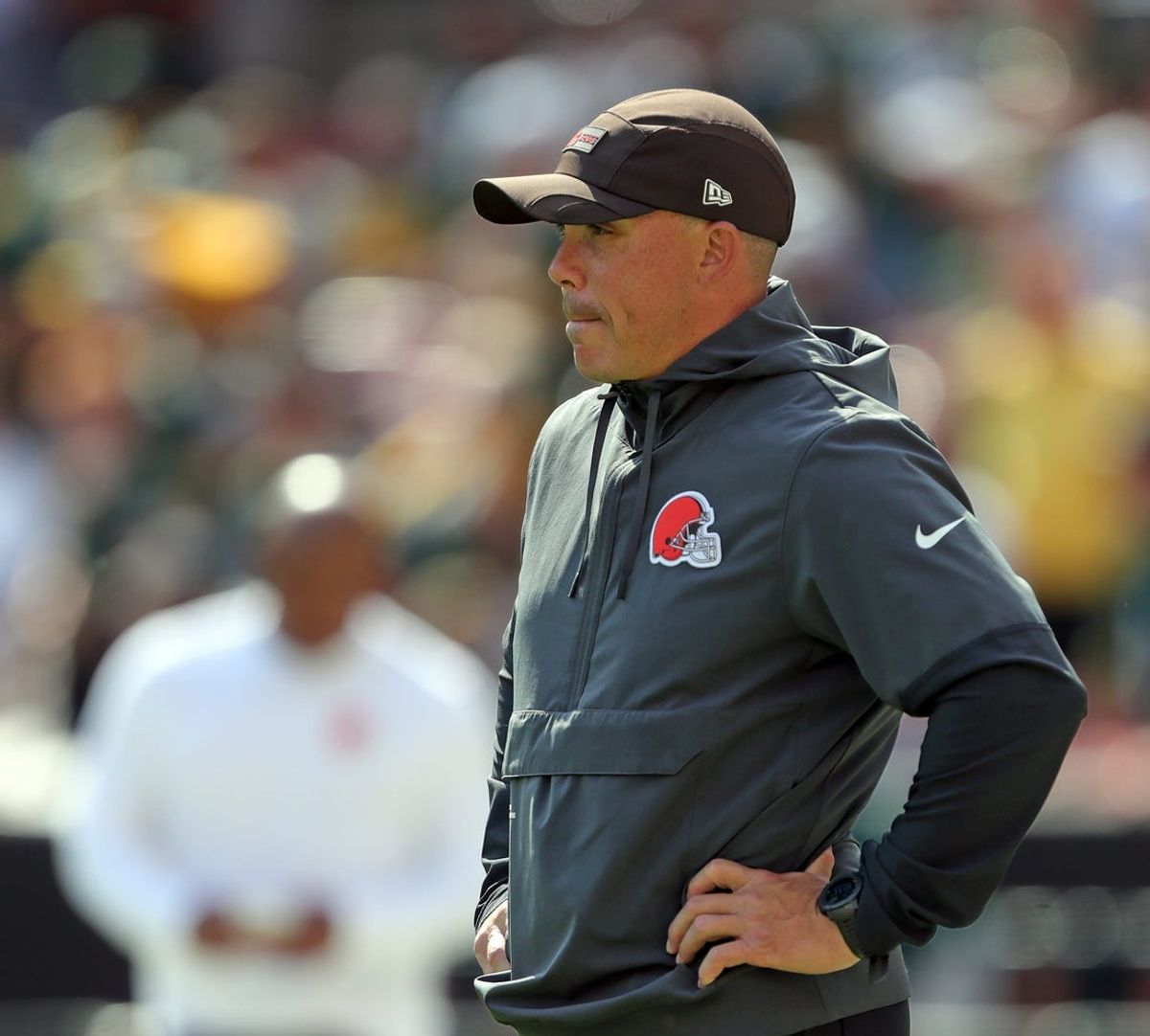 Cleveland Browns special teams coordinator Bubba Ventrone watches the team warmup before an NFL football game at Huntington Bank Field, Sept. 21, 2025, in Cleveland, Ohio.