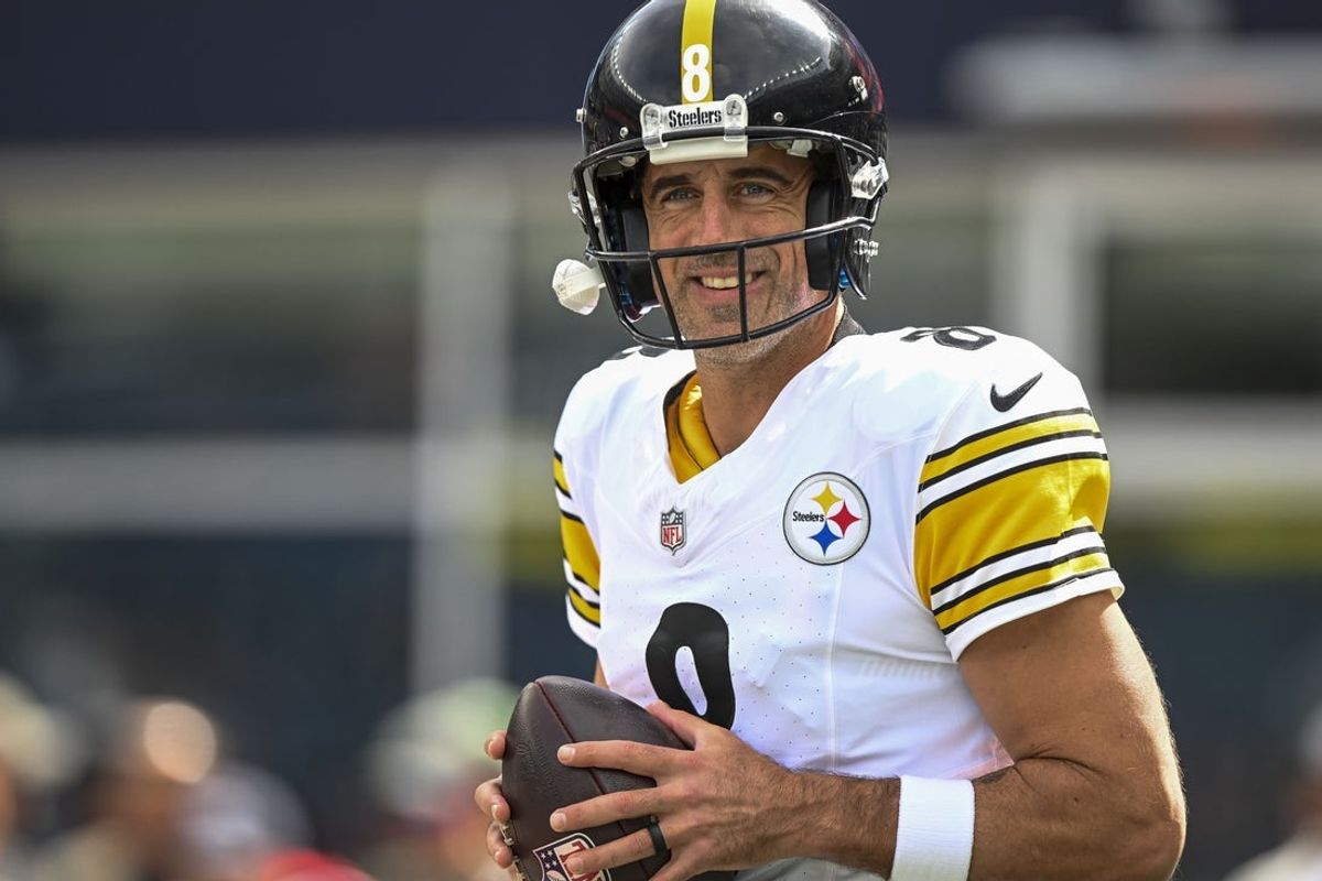 Sep 21, 2025; Foxborough, Massachusetts, USA; Pittsburgh Steelers quarterback Aaron Rodgers (8) warms up before the game against the New England Patriots at Gillette Stadium. Mandatory Credit: Brian Fluharty-Imagn Images