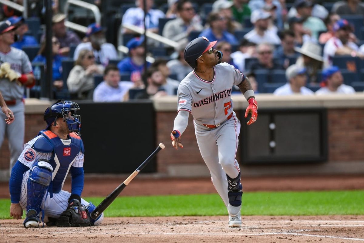 Sep 21, 2025; New York City, New York, USA; Washington Nationals shortstop Nasim Nunez (26) watches his two run home run against the New York Mets during the second inning at Citi Field. Mandatory Credit: John Jones-Imagn Images