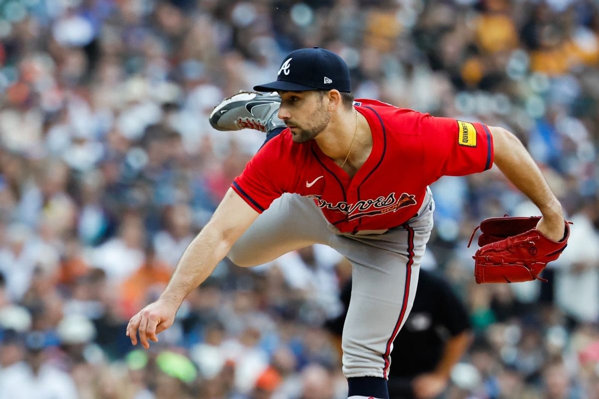 Sep 21, 2025; Detroit, Michigan, USA;  Atlanta Braves pitcher Spencer Strider (99) pitches in the third inning against the Detroit Tigers at Comerica Park. Mandatory Credit: Rick Osentoski-Imagn Images