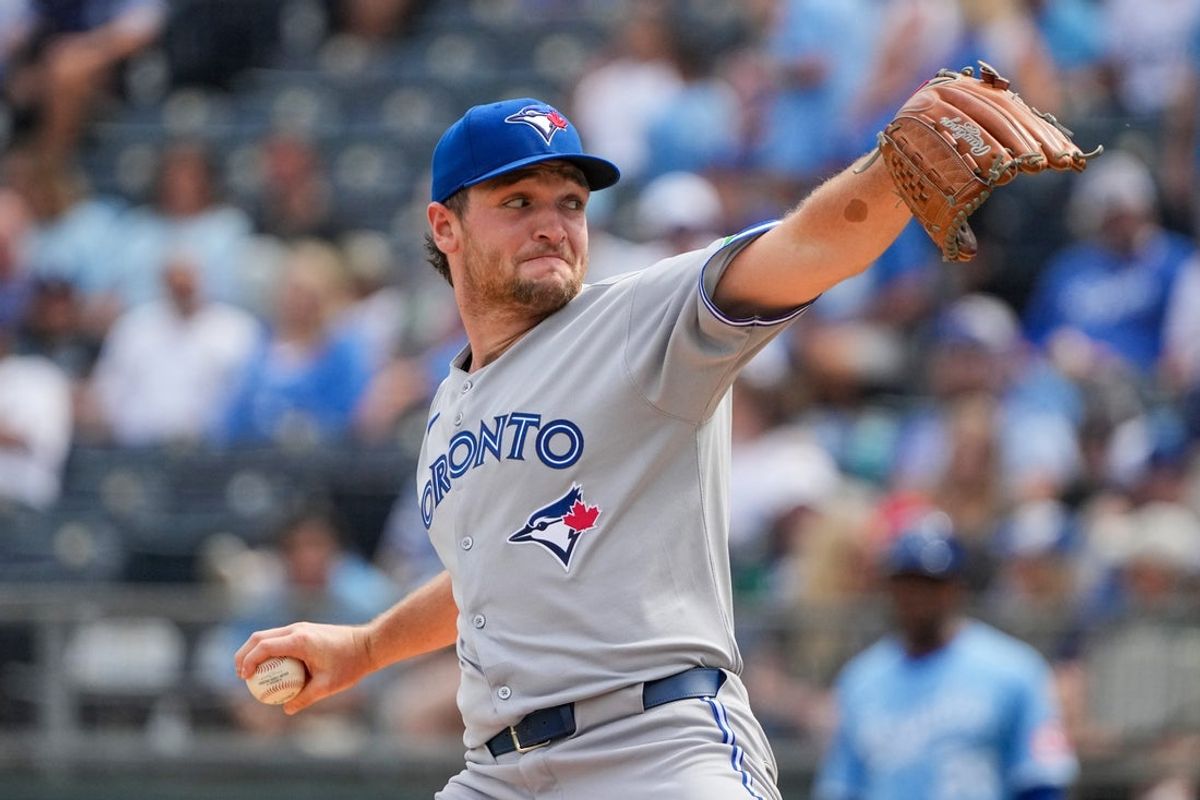 Sep 21, 2025; Kansas City, Missouri, USA; Toronto Blue Jays starting pitcher Trey Yesavage (39) delivers a pitch against the Kansas City Royals during the first inning at Kauffman Stadium. Mandatory Credit: Denny Medley-Imagn Images