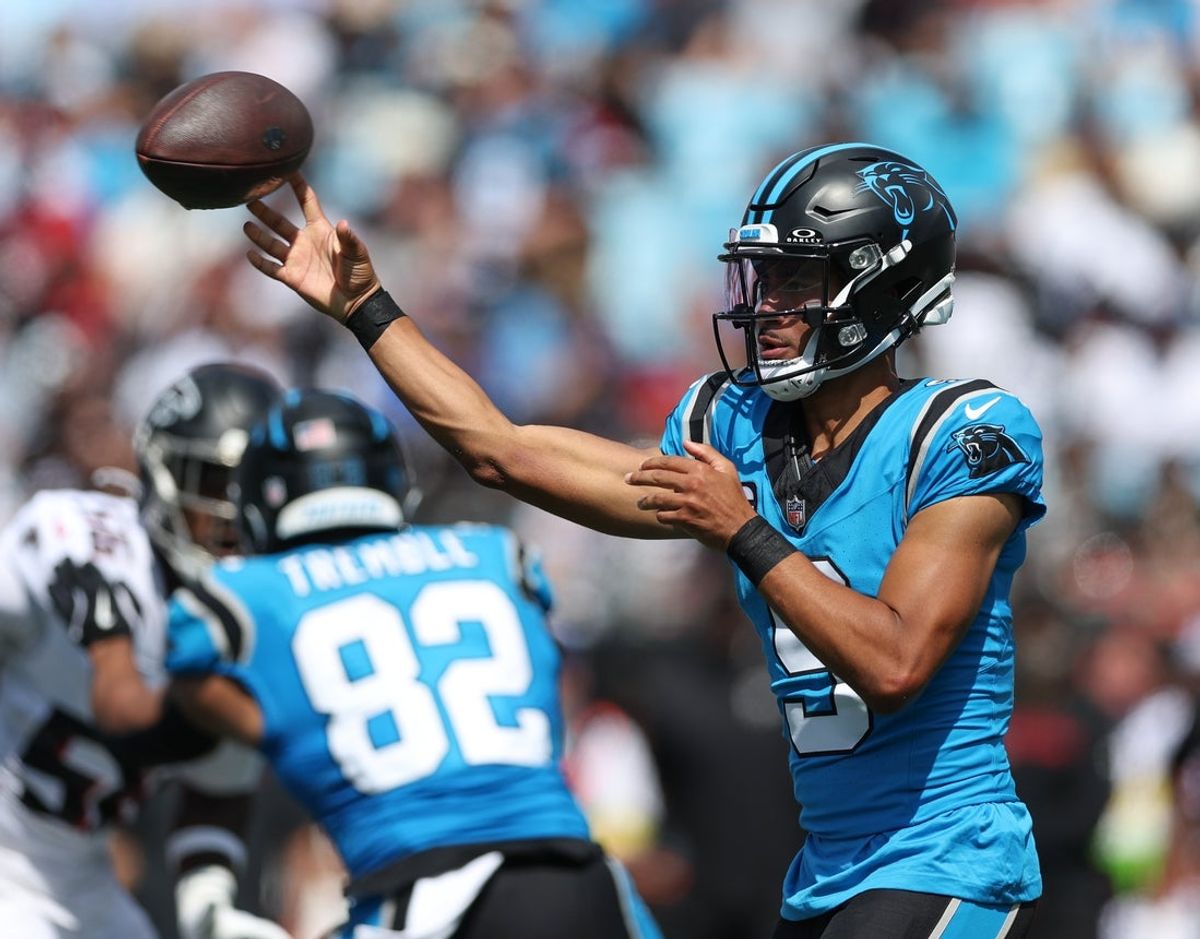 Sep 21, 2025; Charlotte, North Carolina, USA; Carolina Panthers quarterback Bryce Young (9) throws a pass during the first half of a game against the Atlanta Falcons at Bank of America Stadium. Mandatory Credit: Cory Knowlton-Imagn Images