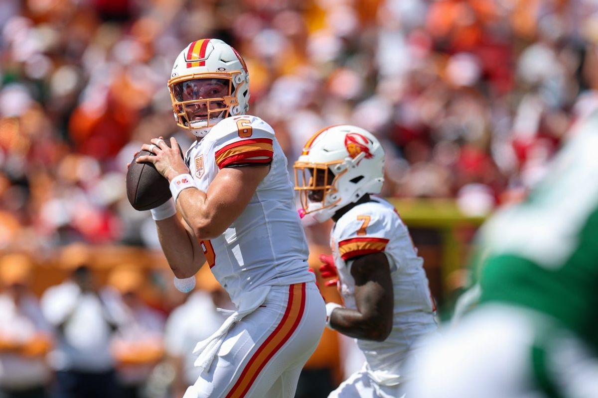 Sep 21, 2025; Tampa, Florida, USA; Tampa Bay Buccaneers quarterback Baker Mayfield (6) looks to pass against the New York Jets in the second quarter at Raymond James Stadium. Mandatory Credit: Nathan Ray Seebeck-Imagn Images