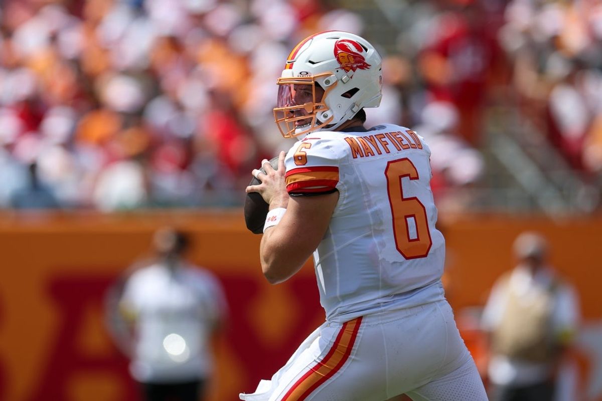 Sep 21, 2025; Tampa, Florida, USA; Tampa Bay Buccaneers quarterback Baker Mayfield (6) looks to pass against the New York Jets in the second quarter at Raymond James Stadium. Mandatory Credit: Nathan Ray Seebeck-Imagn Images