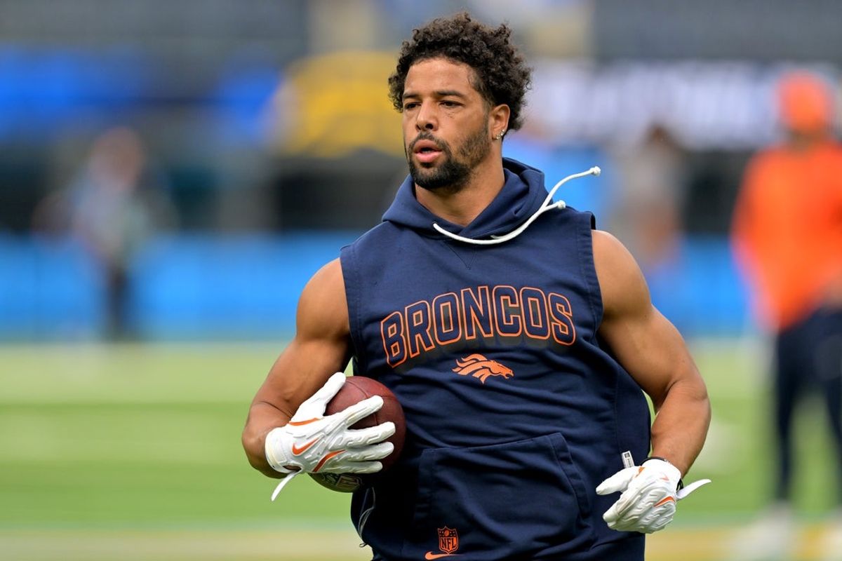 Sep 21, 2025; Inglewood, California, USA;  Denver Broncos safety Brandon Jones (22) warms up prior to the game against the Los Angeles Chargers at SoFi Stadium. Mandatory Credit: Jayne Kamin-Oncea-Imagn Images