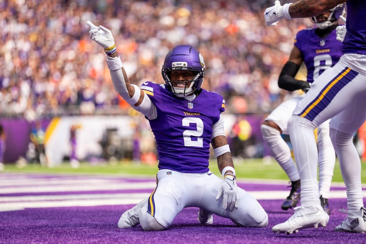 Sep 21, 2025; Minneapolis, Minnesota, USA; Minnesota Vikings cornerback Isaiah Rodgers (2) reacts after breaking up a pass against the Cincinnati Bengals during the first half at U.S. Bank Stadium. Mandatory Credit: Brad Rempel-Imagn Images