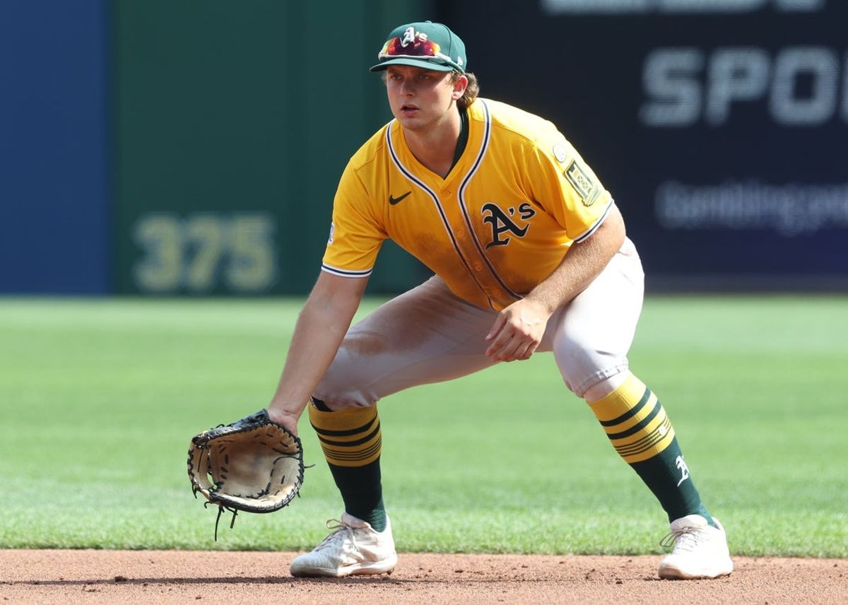 Sep 21, 2025; Pittsburgh, Pennsylvania, USA;  Athletics first baseman Nick Kurtz (16) in the field against the Pittsburgh Pirates during the fourth inning at PNC Park. Mandatory Credit: Charles LeClaire-Imagn Images