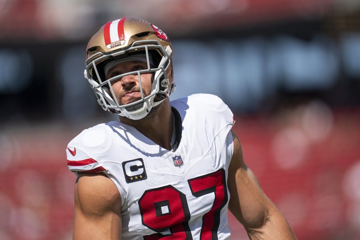 Sep 21, 2025; Santa Clara, California, USA; San Francisco 49ers defensive end Nick Bosa (97) on the field during warm ups prior to a game against the Arizona Cardinals during the first half at Levi's Stadium. Mandatory Credit: Cary Edmondson-Imagn Images
