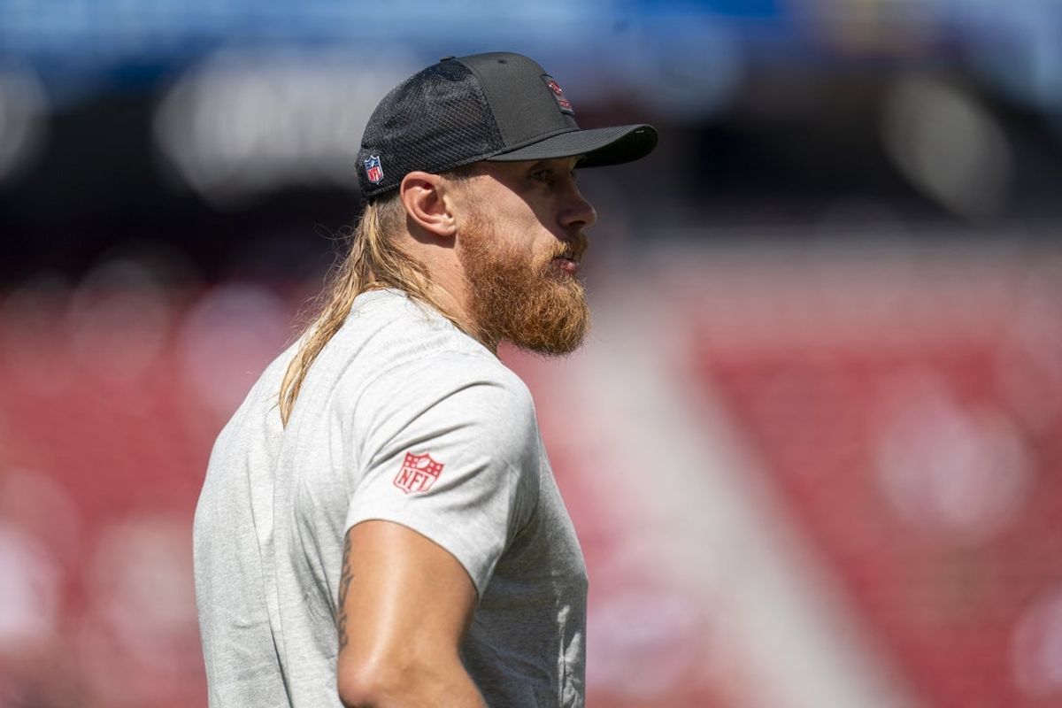 Sep 21, 2025; Santa Clara, California, USA; San Francisco 49ers tight end George Kittle (85) on the field during warm ups prior to a game against the Arizona Cardinals during the first half at Levi's Stadium. Mandatory Credit: Cary Edmondson-Imagn Images