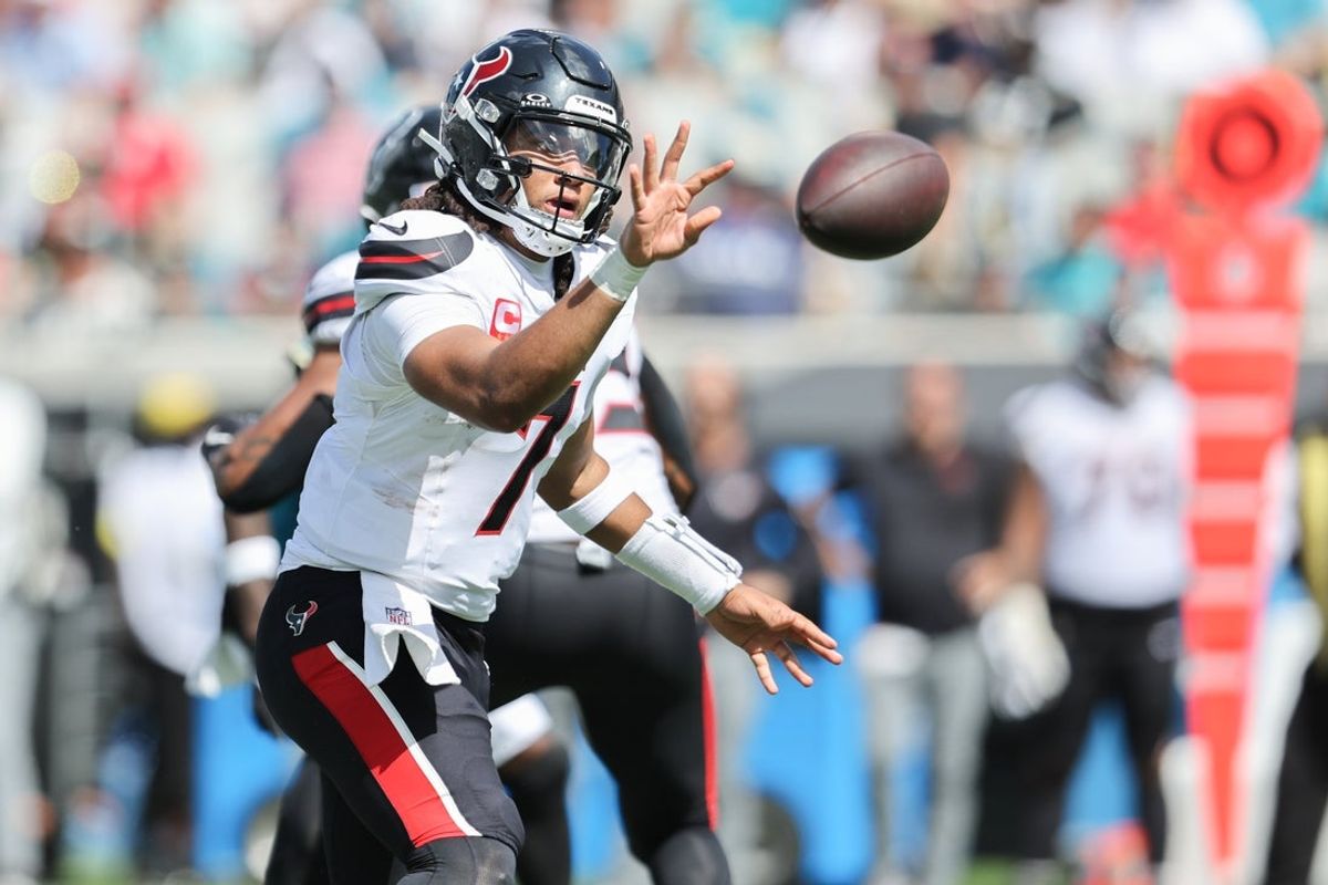 Sep 21, 2025; Jacksonville, Florida, USA; Houston Texans quarterback C.J. Stroud (7) passes the ball during the third quarter against the Jacksonville Jaguars at EverBank Stadium. Mandatory Credit: Morgan Tencza-Imagn Images