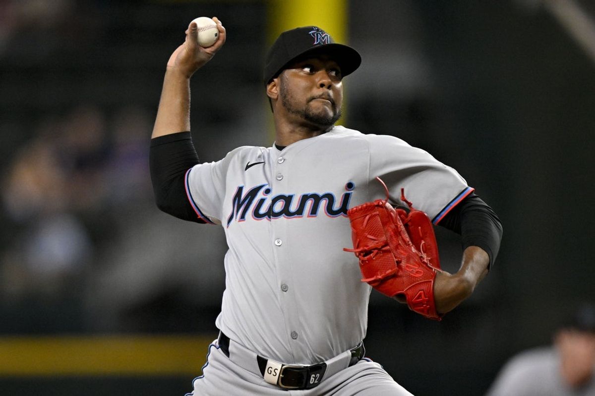 Sep 21, 2025; Arlington, Texas, USA; Miami Marlins relief pitcher George Soriano (62) pitches against the Texas Rangers during the ninth inning at Globe Life Field. Mandatory Credit: Jerome Miron-Imagn Images