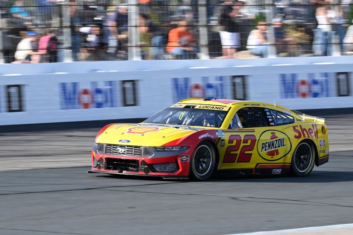 Sep 21, 2025; Loudon, New Hampshire, USA; NASCAR Cup Series driver Joey Logano (22) races in the Mobil 1 301 at New Hampshire Motor Speedway. Mandatory Credit: Eric Canha-Imagn Images