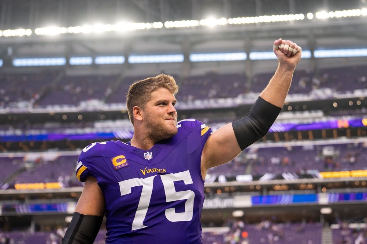 Sep 21, 2025; Minneapolis, Minnesota, USA; Minnesota Vikings offensive tackle Brian O'Neill (75) reacts towards the fans following the game against the Cincinnati Bengals at U.S. Bank Stadium. Mandatory Credit: Brad Rempel-Imagn Images