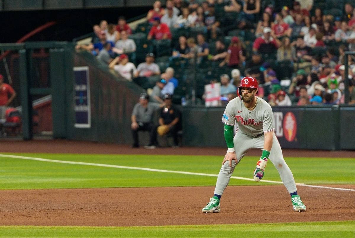 Sep 21, 2025; Phoenix, Arizona, USA; Philadelphia Phillies infielder Bryce Harper (3) on base in the ninth inning against the Arizona Diamondbacks at Chase Field. Mandatory Credit: Allan Henry-Imagn Images