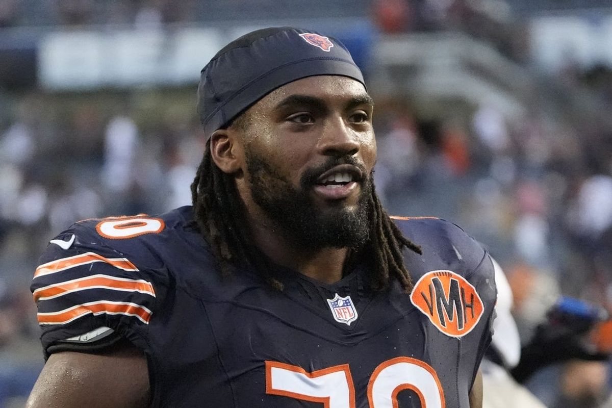 Sep 21, 2025; Chicago, Illinois, USA; Chicago Bears offensive tackle Braxton Jones (70) after the game against the Dallas Cowboys at Soldier Field. Mandatory Credit: David Banks-Imagn Images