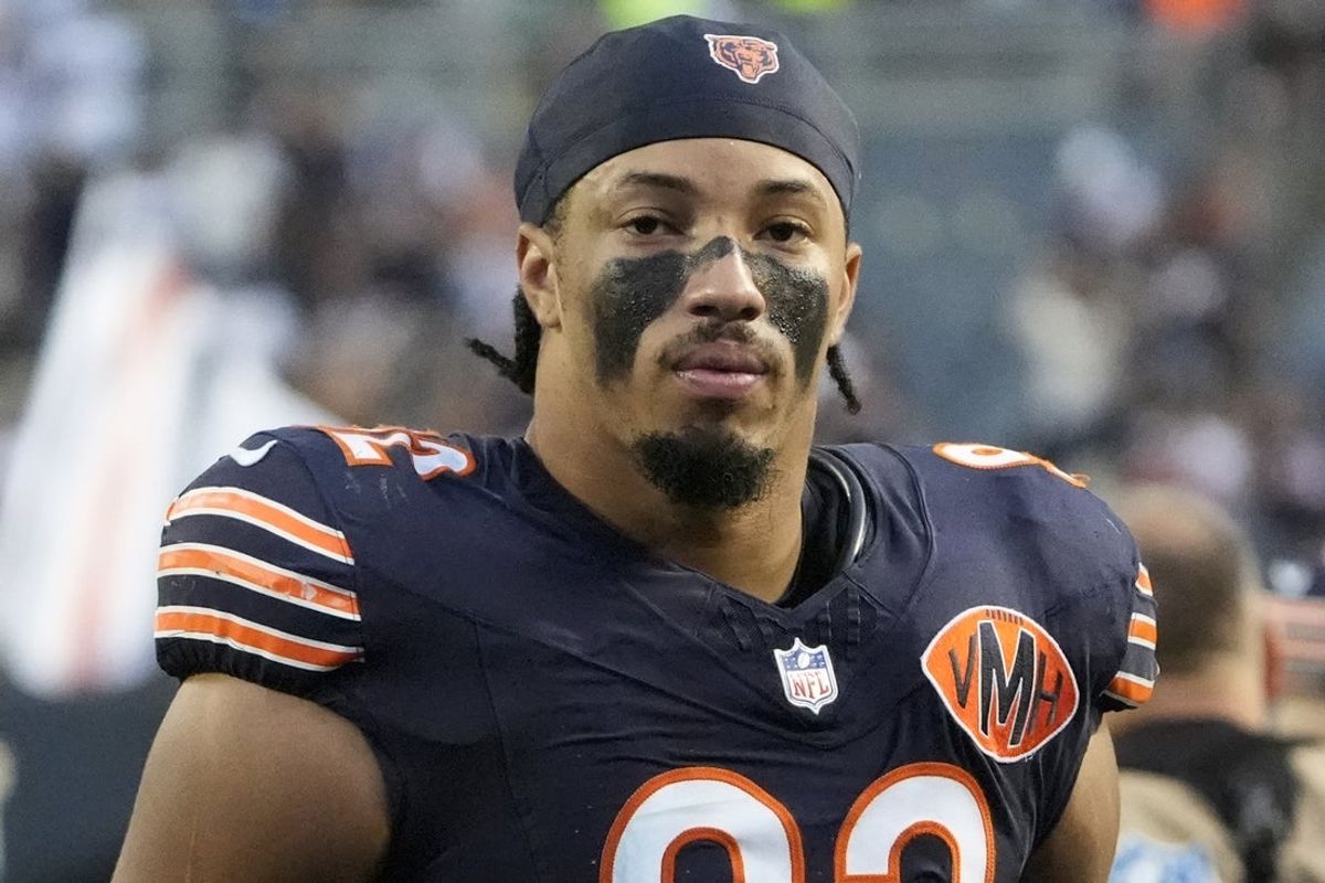 Sep 21, 2025; Chicago, Illinois, USA;  Chicago Bears defensive end Daniel Hardy (92) after the game against the Dallas Cowboys at Soldier Field. Mandatory Credit: David Banks-Imagn Images
