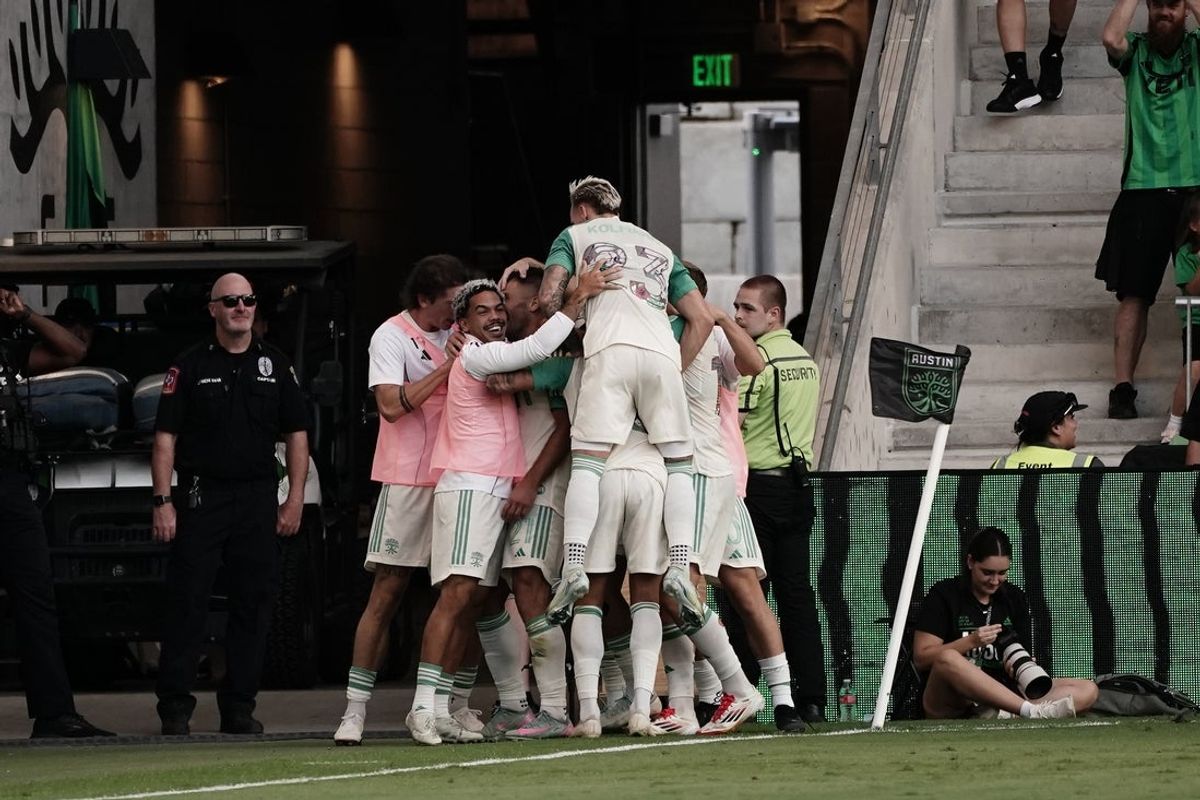 Sep 21, 2025; Austin, Texas, USA; Austin FC celebrates a goal by forward Diego Rubio (21) during the first half against Seattle Sounders FC at Q2 Stadium. Mandatory Credit: Dustin Safranek-Imagn Images