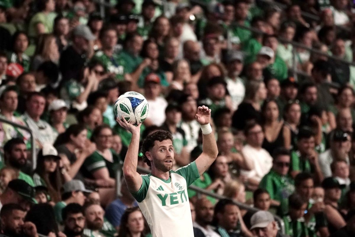 Sep 21, 2025; Austin, Texas, USA; Austin FC defender Jon Gallagher (17) looks to pass against Seattle Sounders FC during the second half at Q2 Stadium. Mandatory Credit: Dustin Safranek-Imagn Images