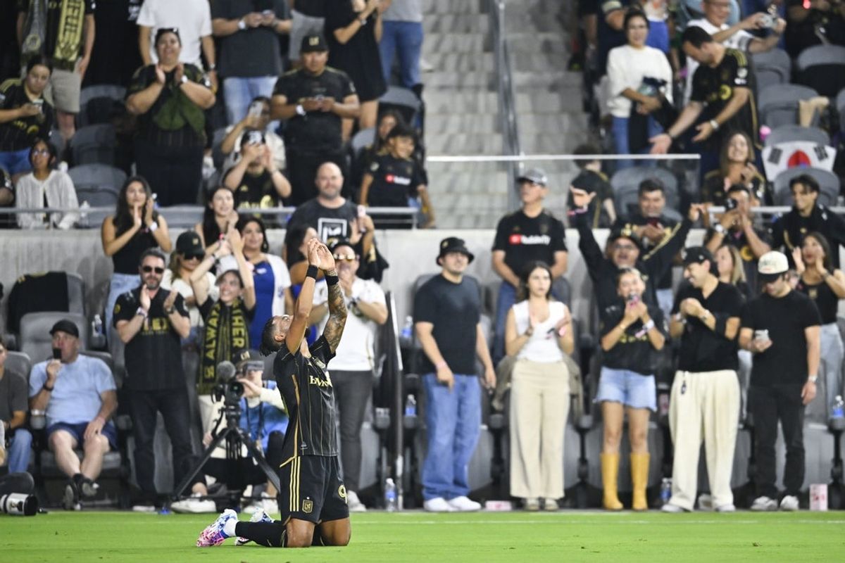 Sep 21, 2025; Los Angeles, California, USA; Los Angeles FC forward Denis Bouanga (99) celebrate his goal against Real Salt Lake during the first half at BMO Stadium. Mandatory Credit: Kelvin Kuo-Imagn Images