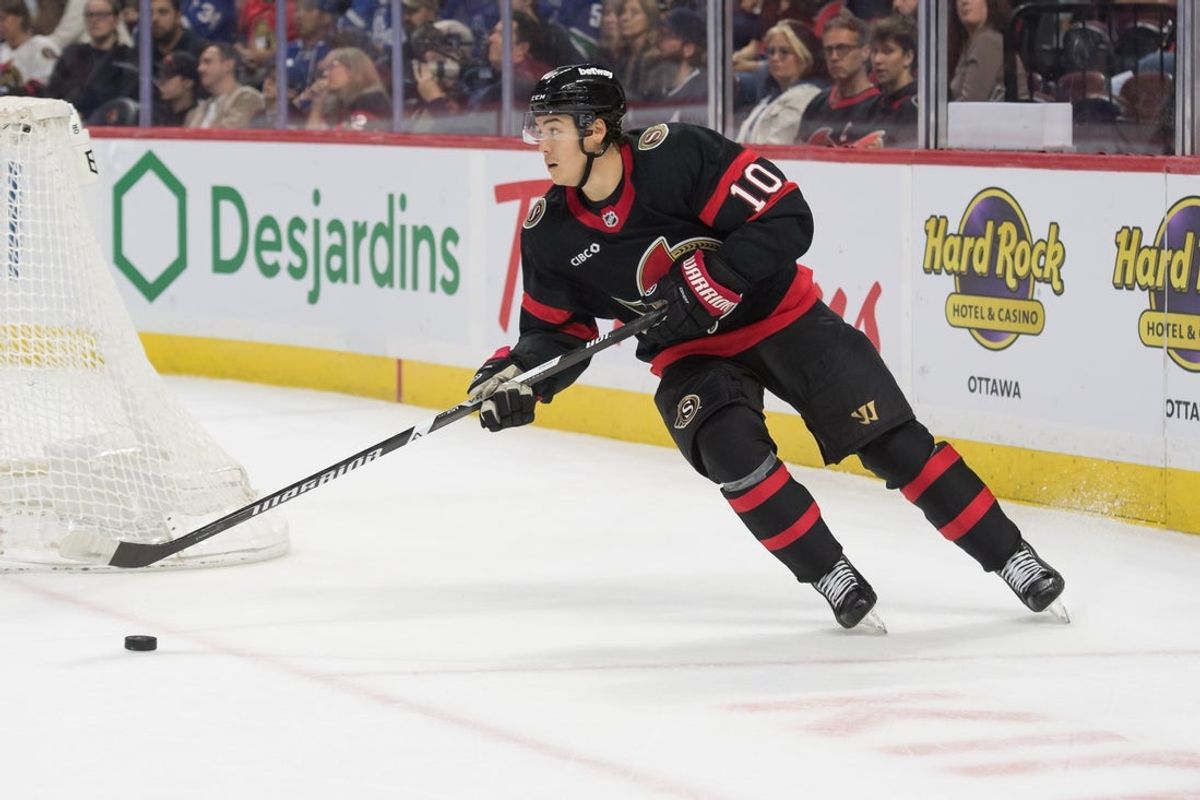 Sep 21st, 2025; Ottawa, Ontario, CAN; Ottawa Senators defenseman Jordan Spence (10) skates with the puck in the second period against the Toronto Maple Leafs at the Canadian Tire Centre. Mandatory Credit: Marc DesRosiers-IMAGN Images