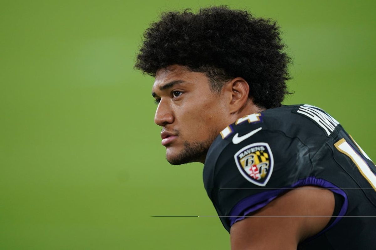 Sep 22, 2025; Baltimore, Maryland, USA; Baltimore Ravens safety Kyle Hamilton (14) practices before the game against the Detroit Lions at M&T Bank Stadium. Mandatory Credit: Mitch Stringer-Imagn Images