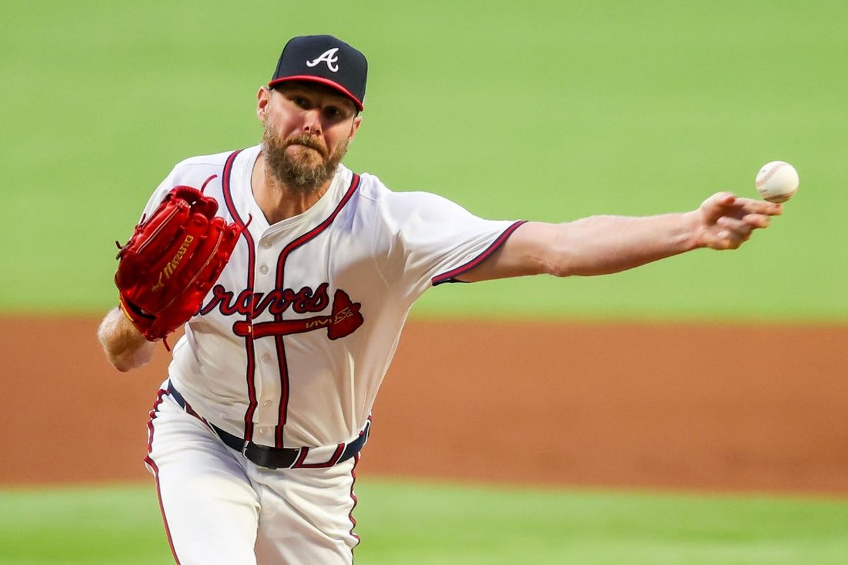 Sep 22, 2025; Atlanta, Georgia, USA; Atlanta Braves starting pitcher Chris Sale (51) throws against the Washington Nationals in the first inning at Truist Park. Mandatory Credit: Brett Davis-Imagn Images