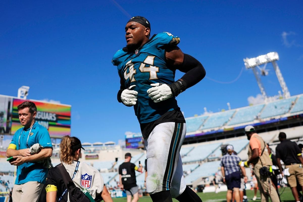 Jacksonville Jaguars defensive end Travon Walker (44) runs off the field after the game of an NFL football matchup at EverBank Stadium, Sunday, Sept. 21, 2025, in Jacksonville, Fla. The Jaguars defeated the Texans 17-10.