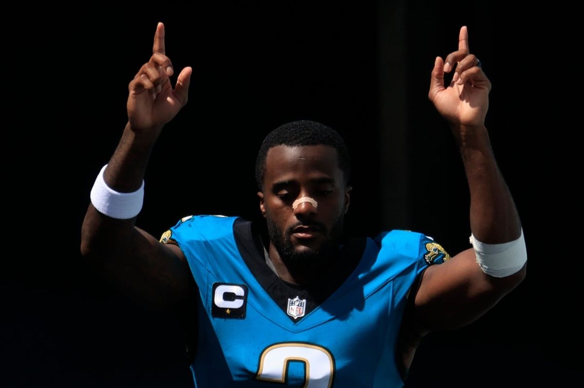 Jacksonville Jaguars cornerback Jourdan Lewis (2) reacts as he is introduced before an NFL football matchup at EverBank Stadium, Sunday, Sept. 21, 2025, in Jacksonville, Fla. The Jaguars defeated the Texans 17-10.