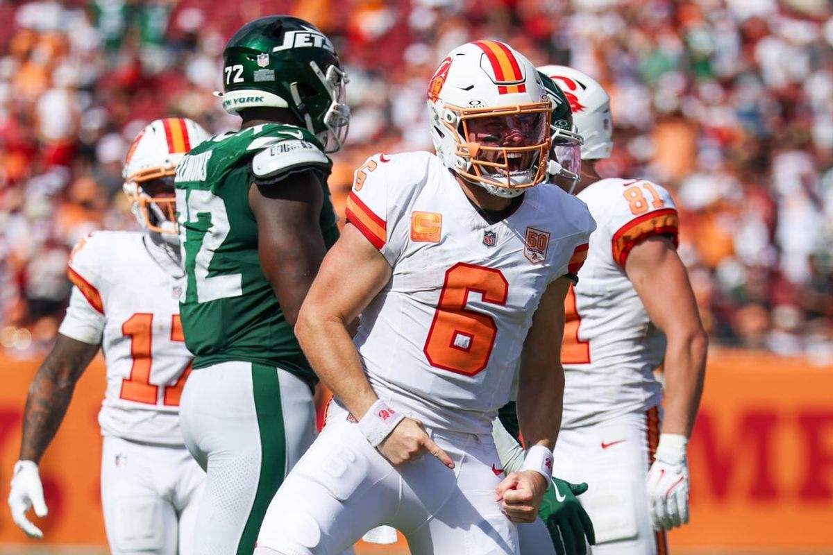 Sep 21, 2025; Tampa, Florida, USA; Tampa Bay Buccaneers quarterback Baker Mayfield (6) reacts after a ply against the New York Jets in the fourth quarter at Raymond James Stadium. Mandatory Credit: Nathan Ray Seebeck-Imagn Images