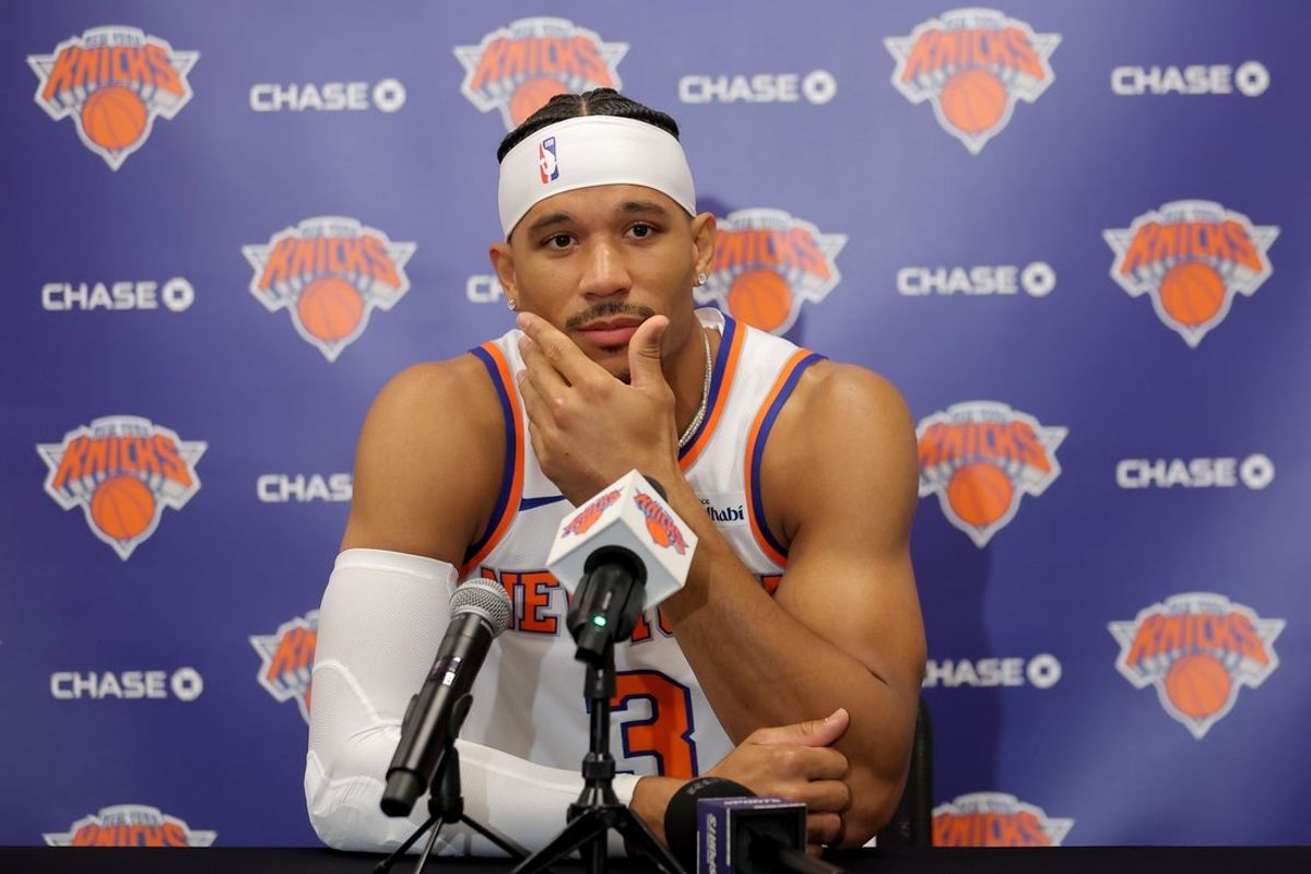 Sep 23, 2025; New York, NY, USA; New York Knicks guard Josh Hart speaks to the media during a media day press conference at the Madison Square Garden training center. Mandatory Credit: Brad Penner-Imagn Images
