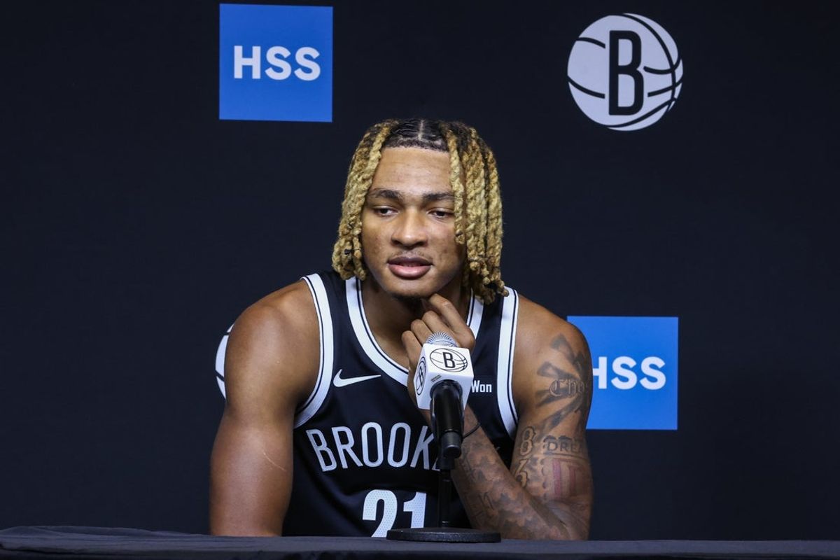 Sep 23, 2025; Brooklyn, NY, USA;  Brooklyn Nets forward Noah Clowney (21) speaks at Media Day. Mandatory Credit: Wendell Cruz-Imagn Images