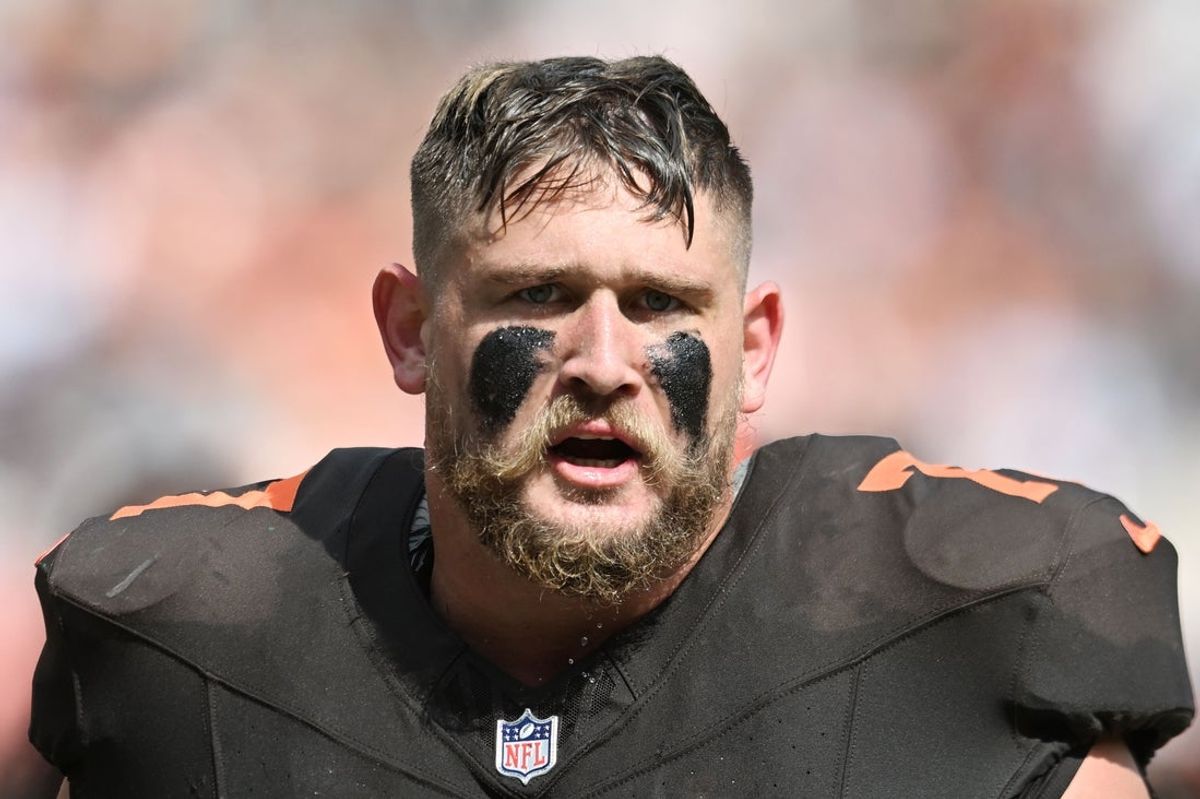 Sep 21, 2025; Cleveland, Ohio, USA;  Cleveland Browns guard Wyatt Teller (77) at Huntington Bank Field. Mandatory Credit: Ken Blaze-Imagn Images