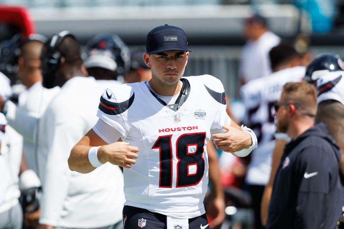 Sep 21, 2025; Jacksonville, Florida, USA; Houston Texans quarterback Graham Mertz (18) before the game at the Jacksonville Jaguars at EverBank Stadium. Mandatory Credit: Morgan Tencza-Imagn Images