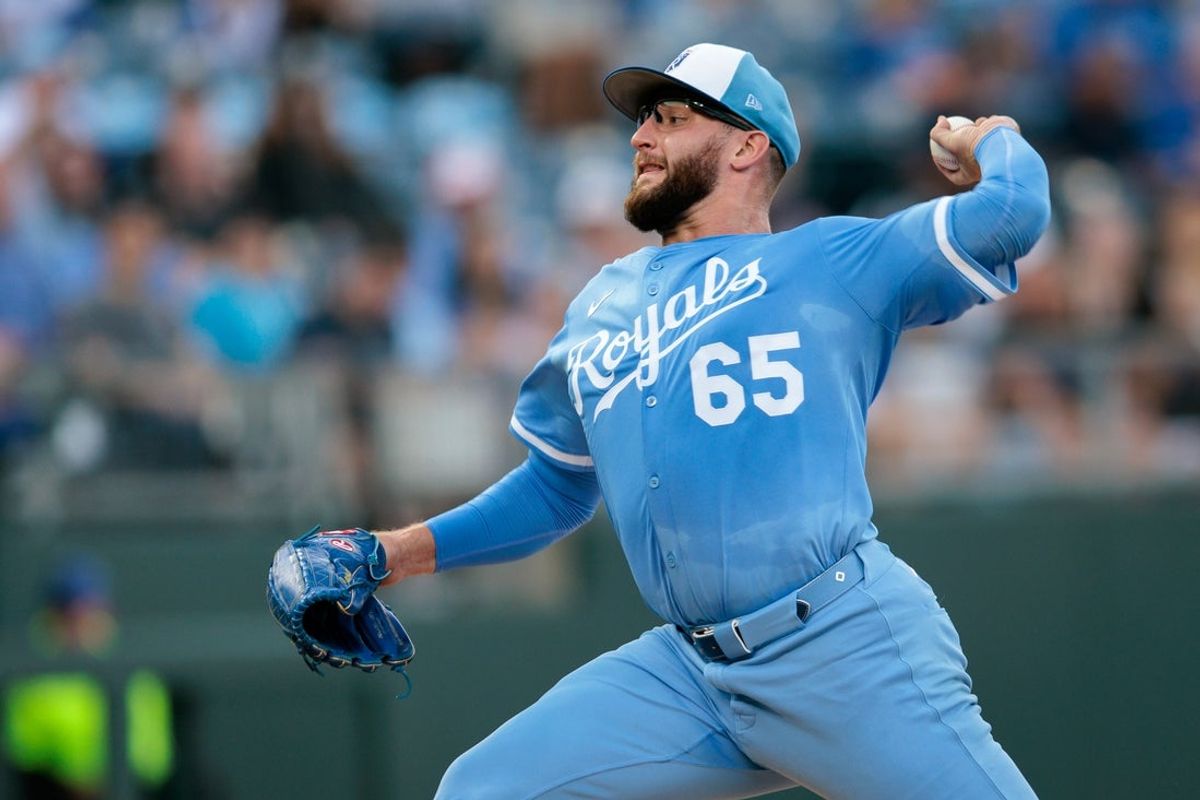 Sep 20, 2025; Kansas City, Missouri, USA; Kansas City Royals pitcher Noah Cameron (65) pitching during the first inning against the Toronto Blue Jays at Kauffman Stadium. Mandatory Credit: William Purnell-Imagn Images