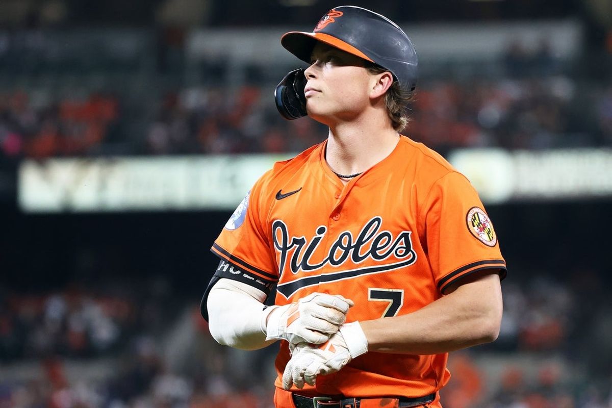 Sep 20, 2025; Baltimore, Maryland, USA; Baltimore Orioles second baseman Jackson Holliday (7) looks on during the first inning against the New York Yankees at Oriole Park at Camden Yards. Mandatory Credit: Daniel Kucin Jr.-Imagn Images