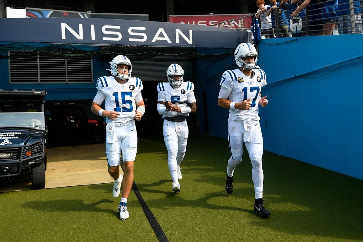 Sep 21, 2025; Nashville, Tennessee, USA;  Indianapolis Colts quarterback Riley Leonard (15), wide receiver Coleman Owen (9), and quarterback Daniel Jones (17) take the field against the Tennessee Titans during pre-game warmups at Nissan Stadium. Mandatory Credit: Steve Roberts-Imagn Images