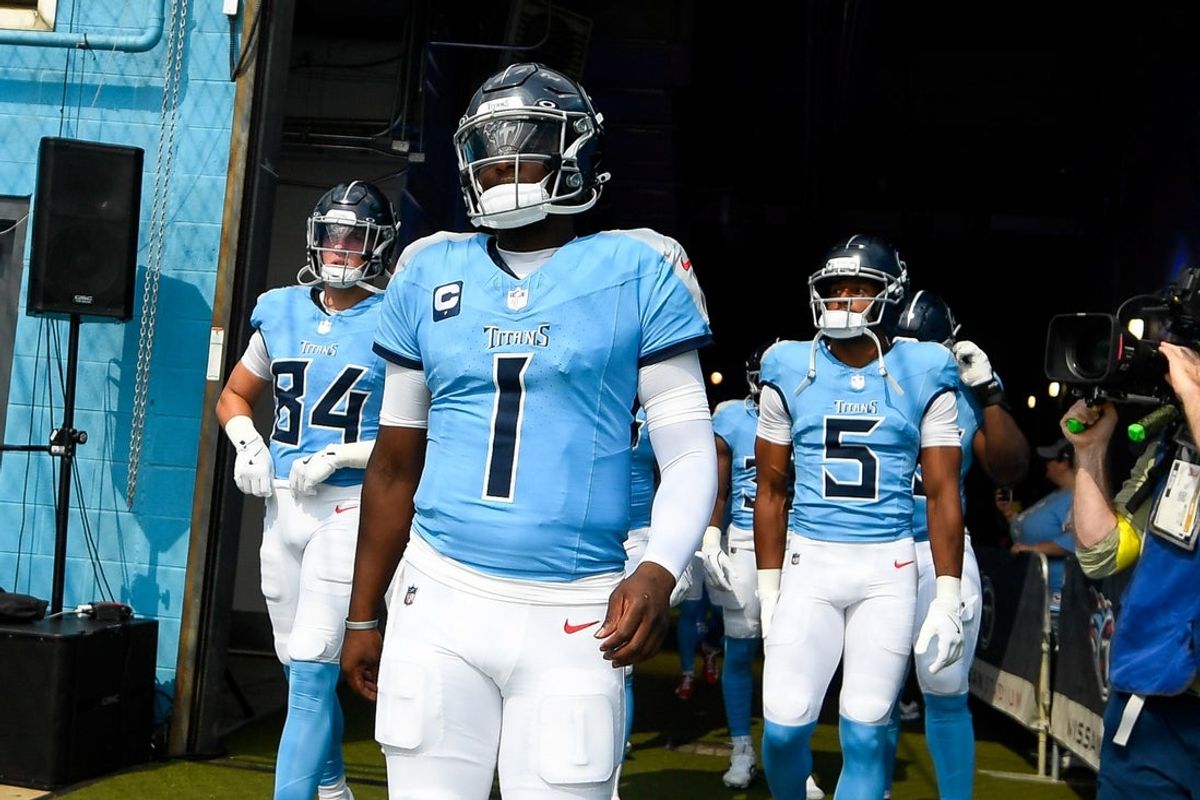 Sep 21, 2025; Nashville, Tennessee, USA;  Tennessee Titans quarterback Cameron Ward (1) takes the field against the Indianapolis Colts during pre-game warmups at Nissan Stadium. Mandatory Credit: Steve Roberts-Imagn Images